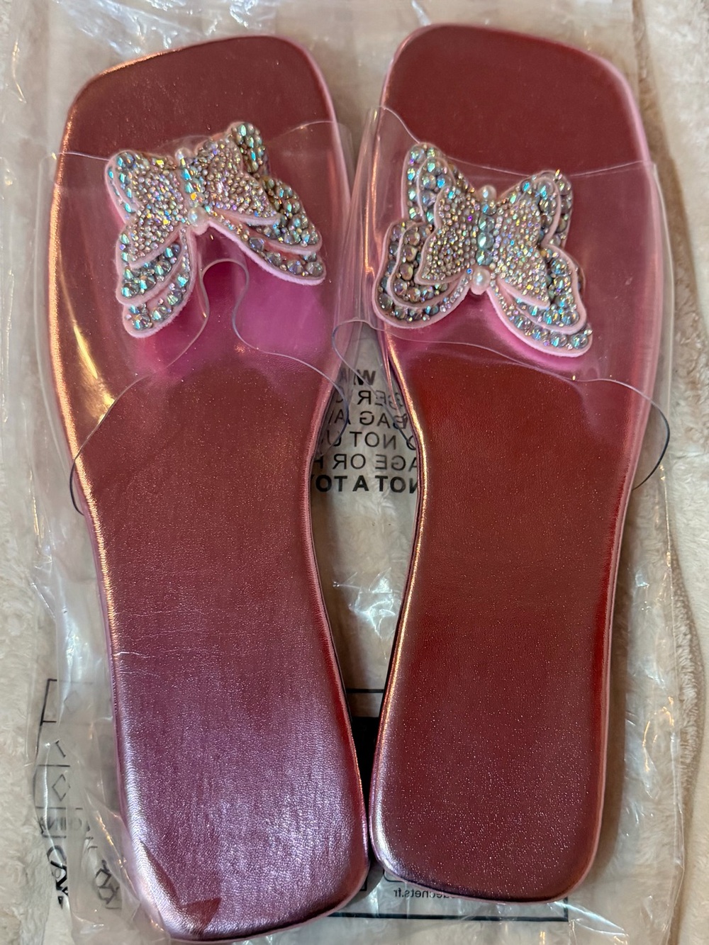 Pink Butterfly Embellished Clear Strap Slide Sandals